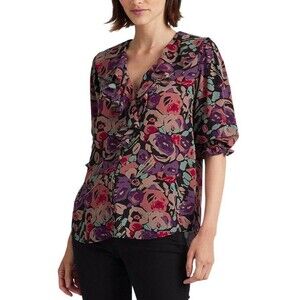 Ralph Lauren Womens XL Crepe Blouse Shirt Button Up Ruffles Dark Floral Sheer